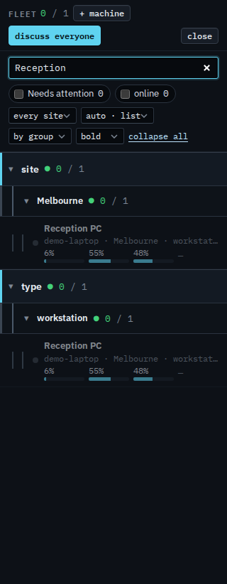 Fleet list filtered to Reception PC