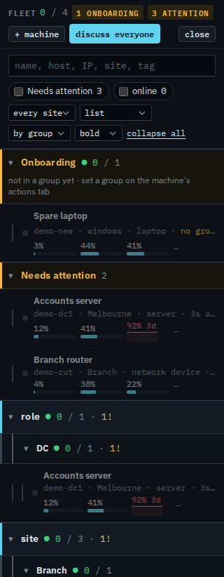 Fleet list in the bold group style, with a cyan bar on each site