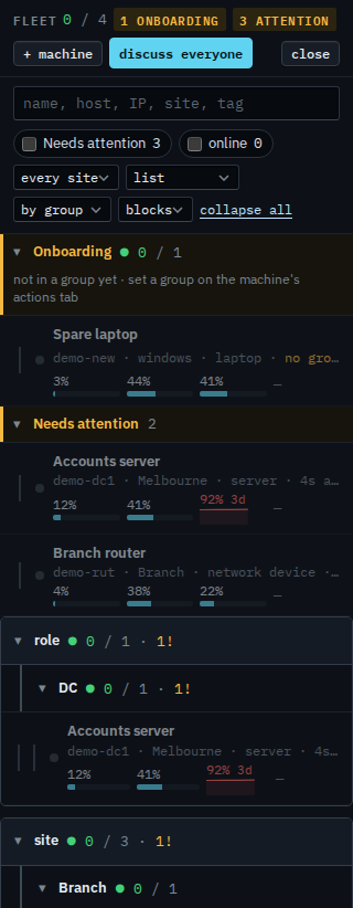 Fleet list in the blocks group style, each site in its own box