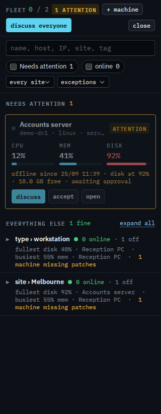 Fleet exceptions view with a needs-attention card and a collapsed group line