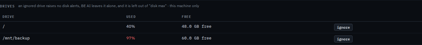 Drives list on files01 with a 97% full backup drive