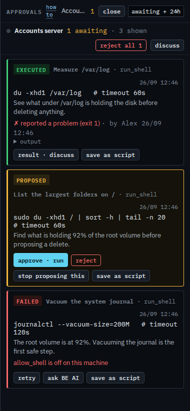 Approvals rail on awaiting plus 24 hours, with waiting, failed, and executed cards