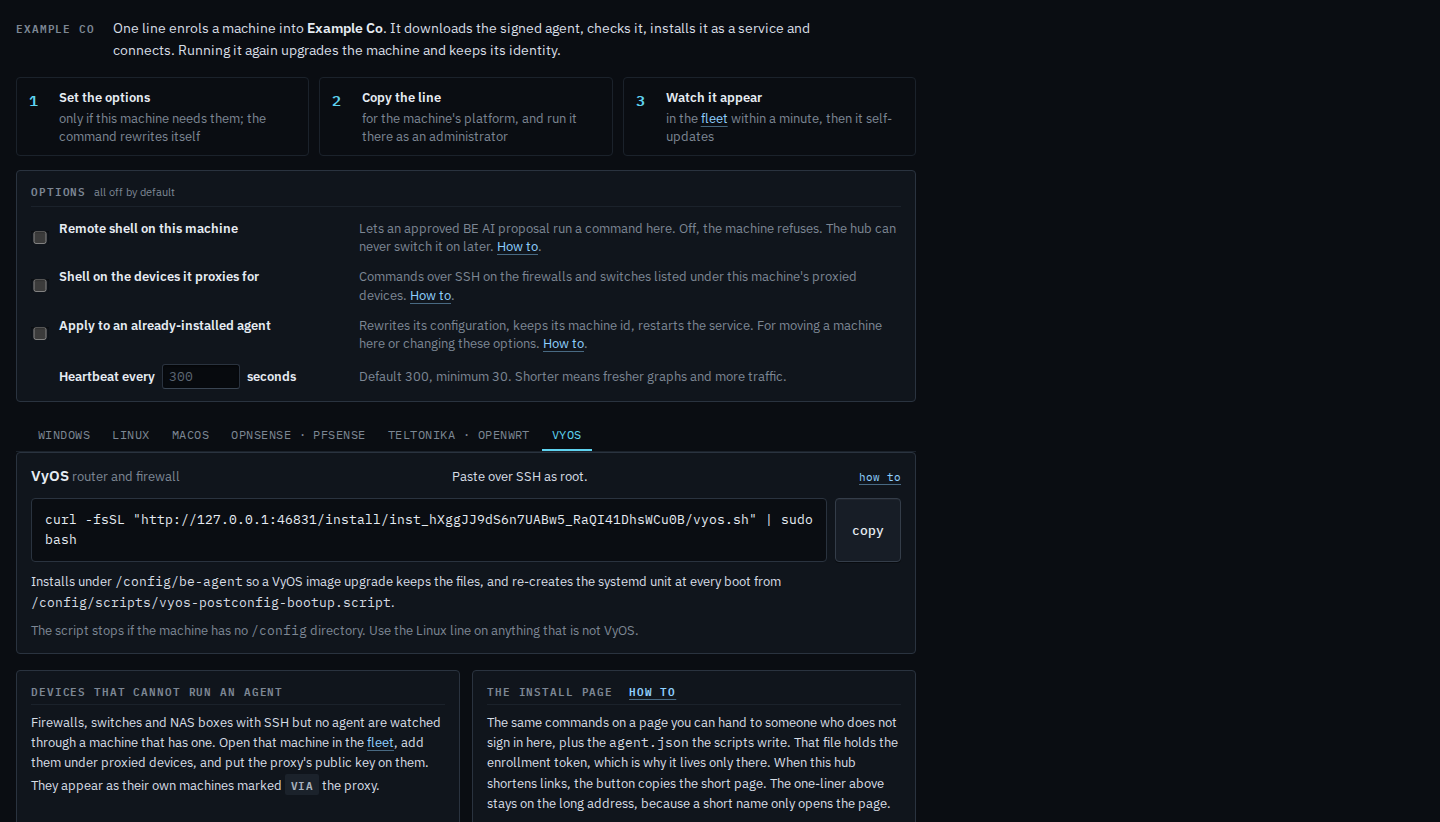 Install agent page with platform tabs and a one-line install command