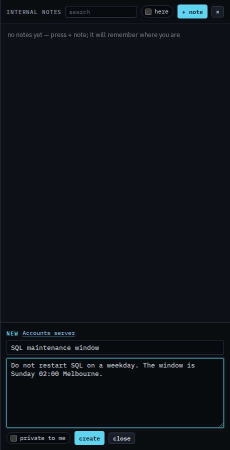 New internal note with a title and a maintenance-window paragraph