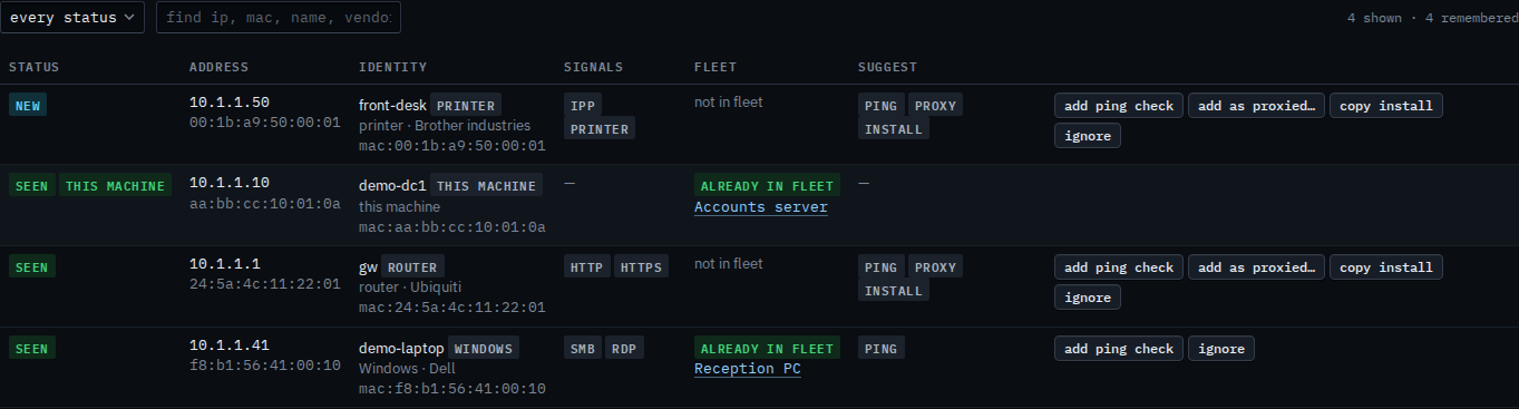LAN device table with an empty find box and four devices listed