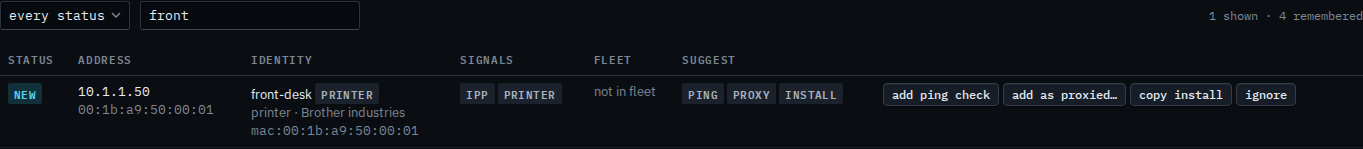 LAN device table searched for front, showing only front-desk