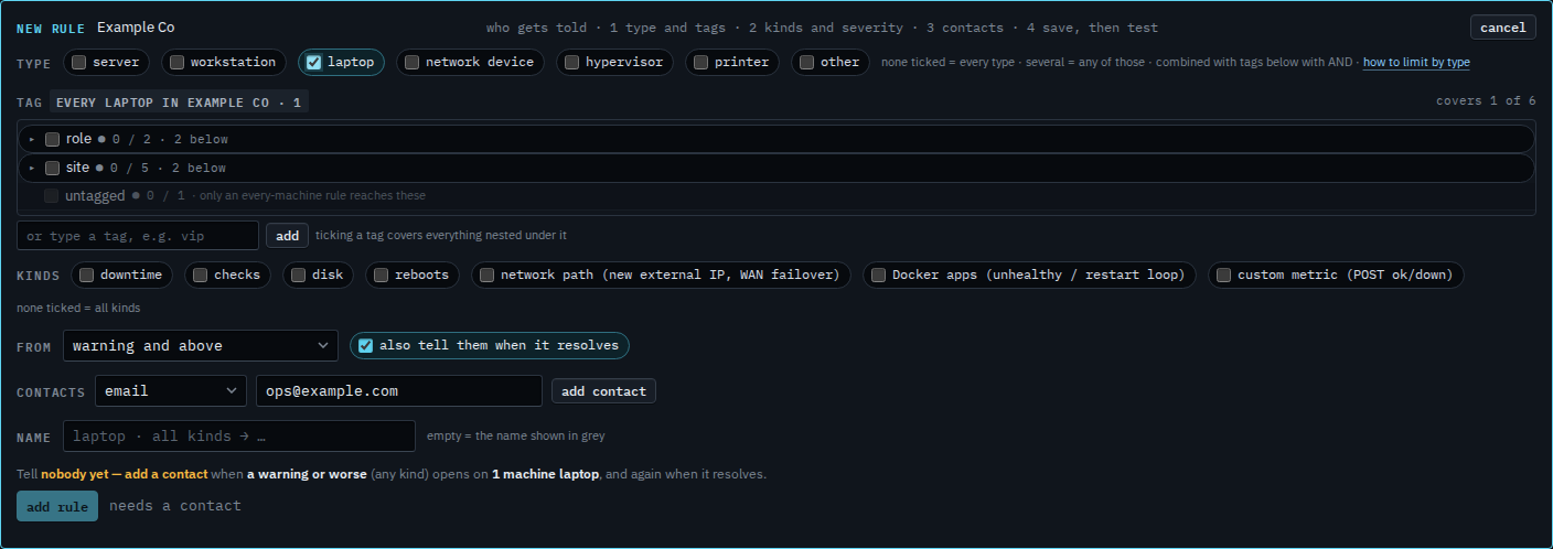 New alert rule with the laptop type ticked and an email address in the contact field