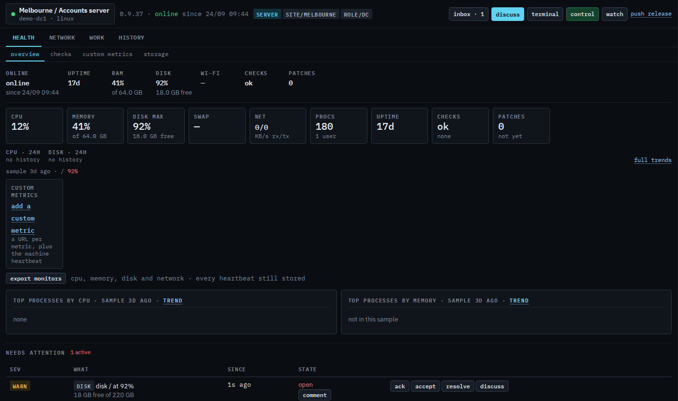 Machine header with discuss, terminal, control and watch