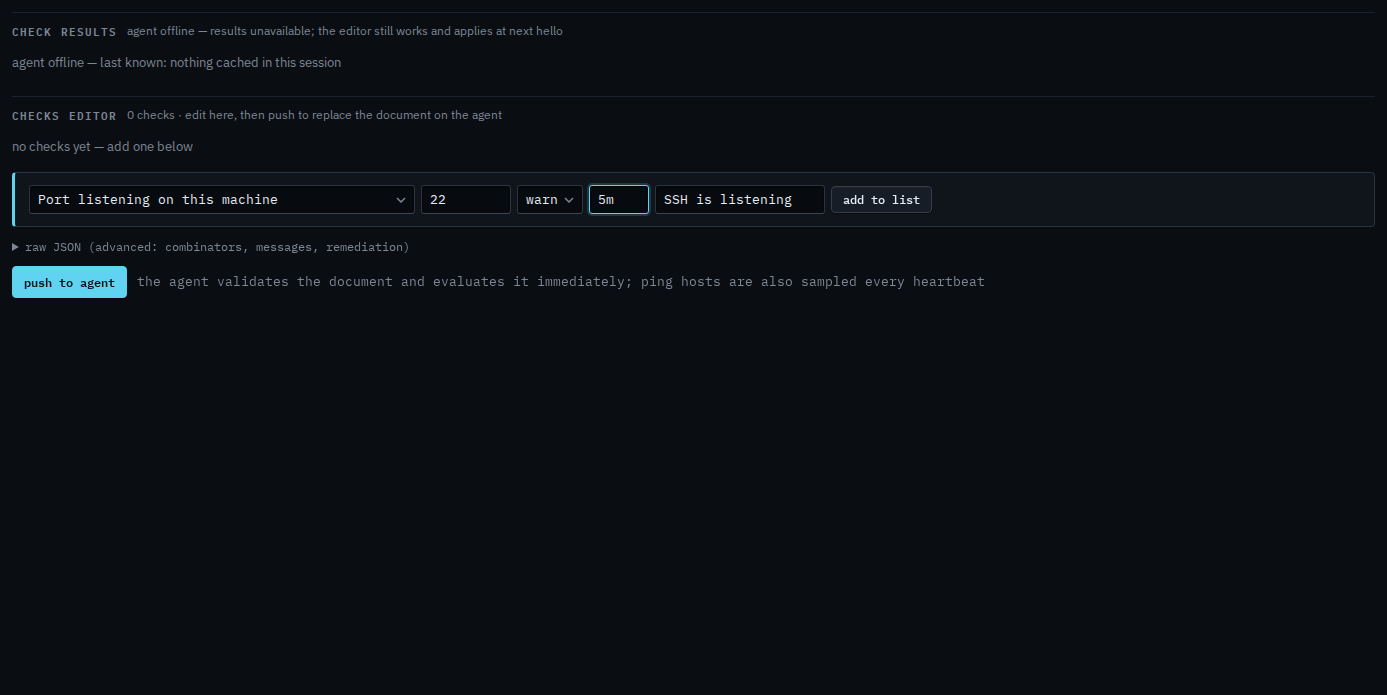 Checks editor with a listening-port check for port 22