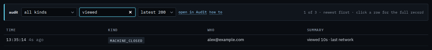 Machine audit search for viewed, showing only the leaving line