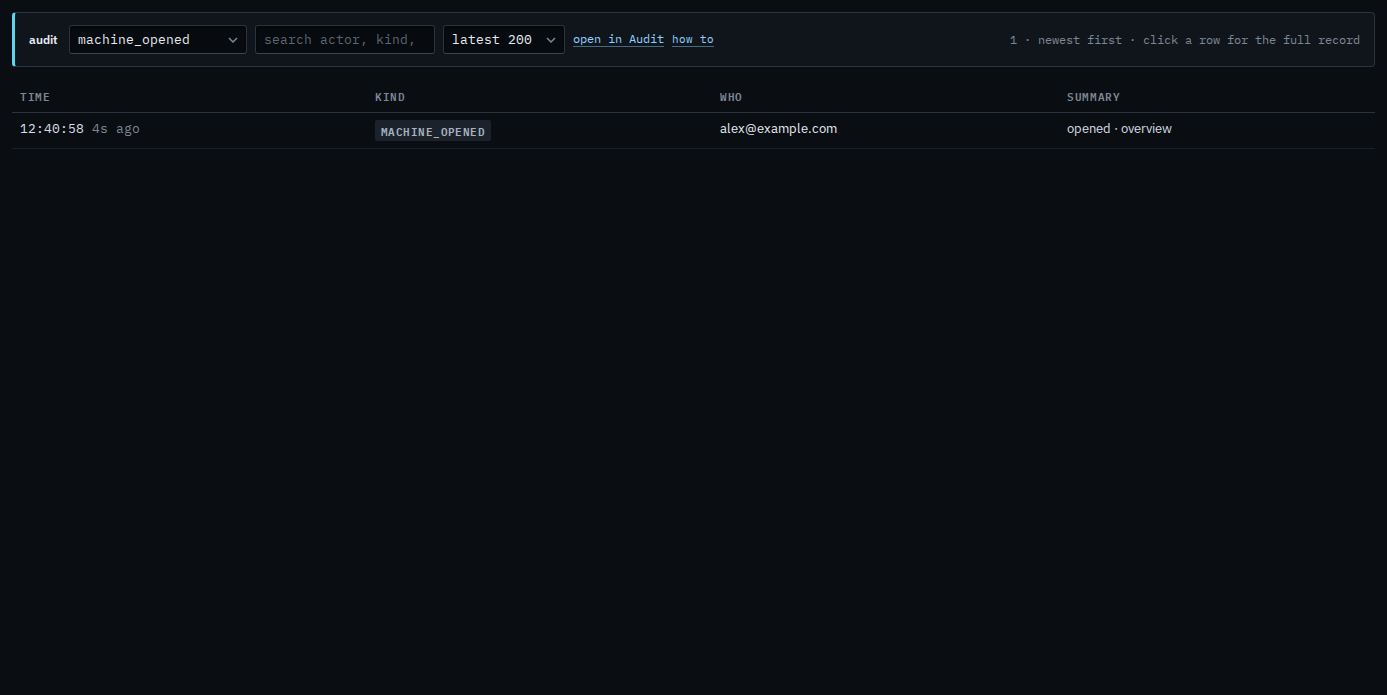 Machine audit filtered to machine_opened