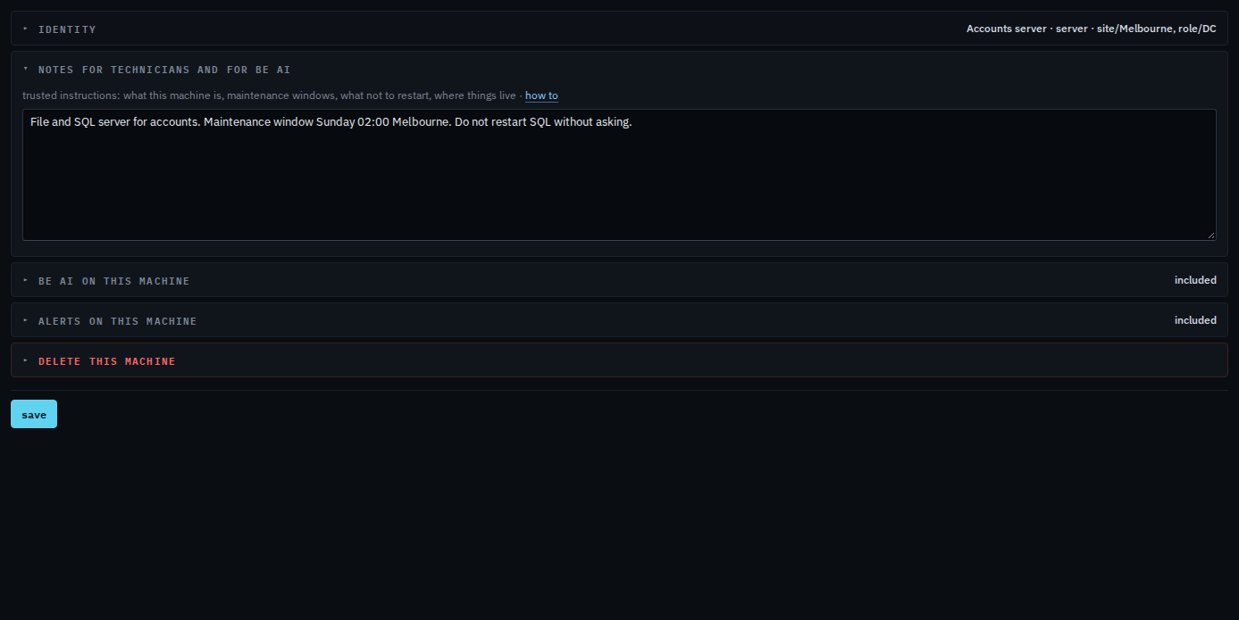 Actions tab notes for BE AI, with a maintenance window and a do-not-restart line