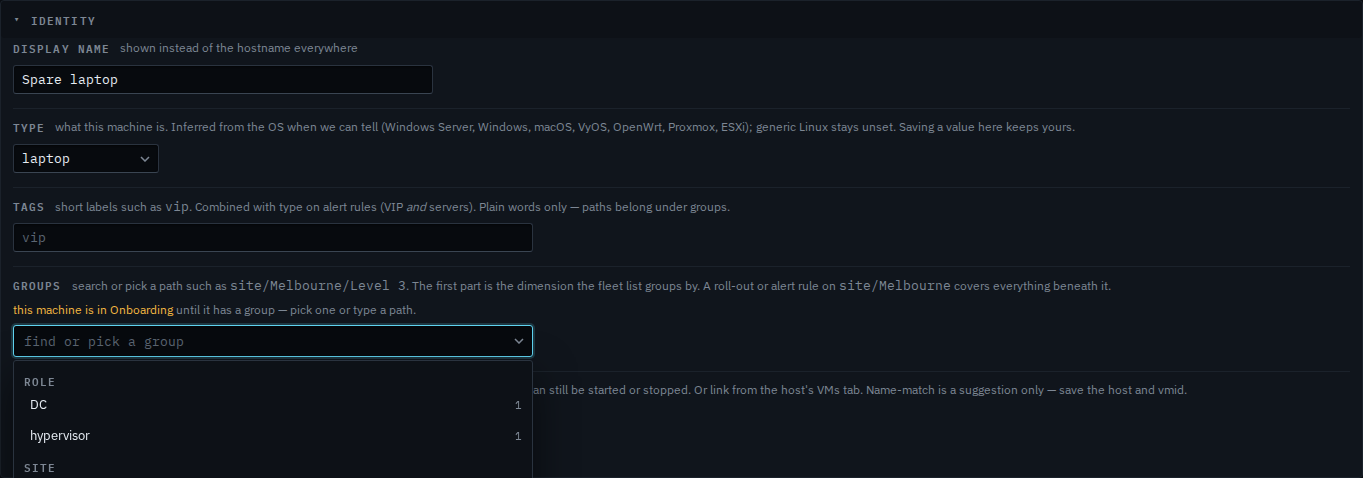 Identity panel on Spare laptop with an empty groups box