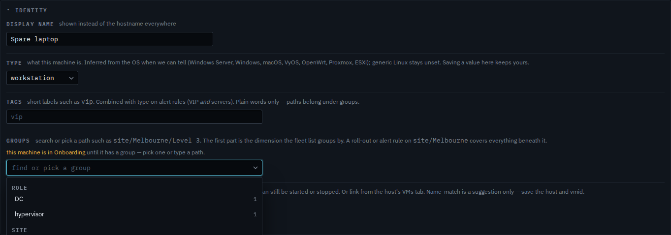 Identity panel with the type menu set to workstation and save not pressed