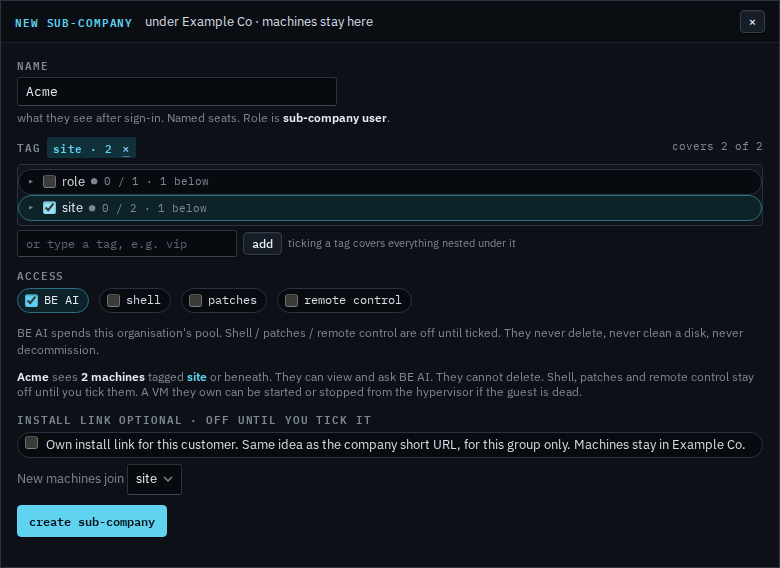 New sub-company dialog named Acme with the site group ticked and BE AI on