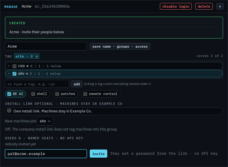 Manage dialog for Acme with an email ready to invite