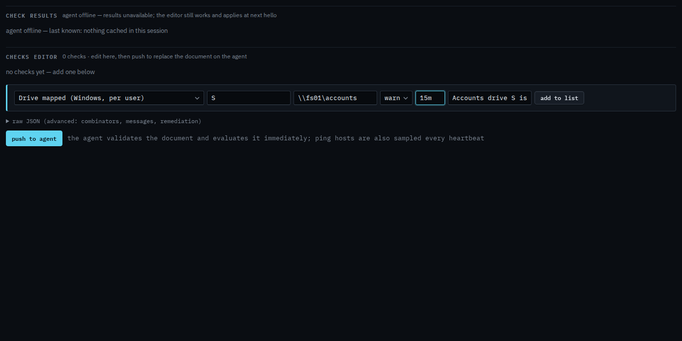 Checks editor with a mapped-drive check for S pointing at the accounts share