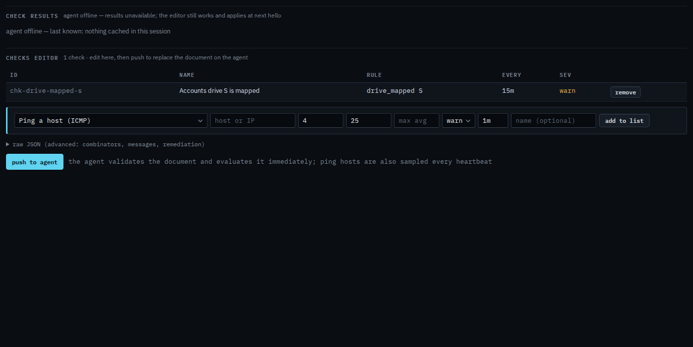 Checks list with a mapped-drive check named Accounts drive S is mapped, not yet pushed