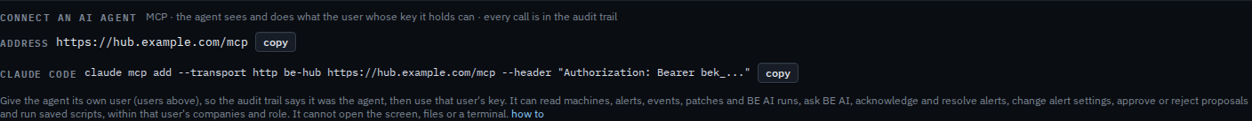 Connect an AI agent box with the MCP address and a claude mcp add command