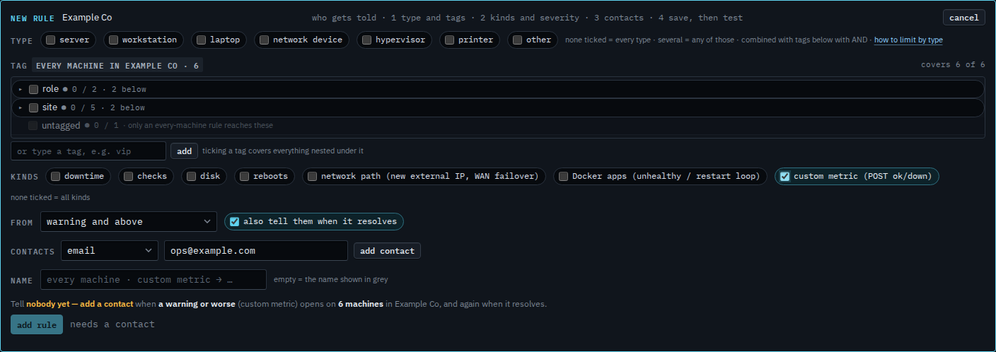 New alert rule with the custom metric kind ticked and an email address in the contact field