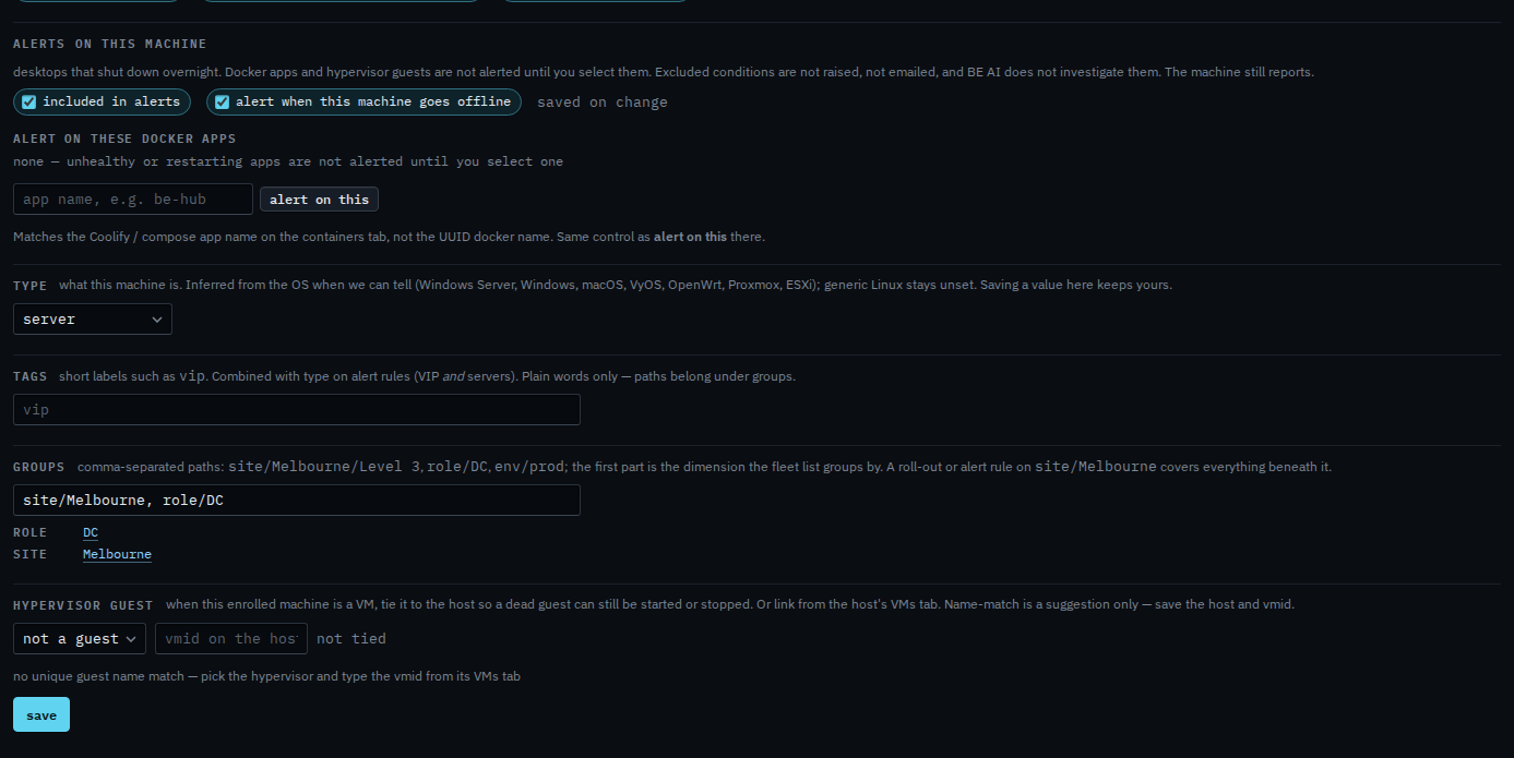 Machine actions tab with display name, type, notes, BE AI and groups
