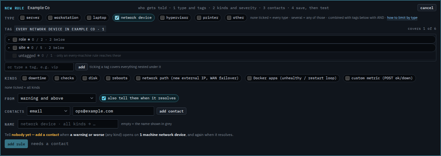 New alert rule with the network device type ticked and an email address in the contact field