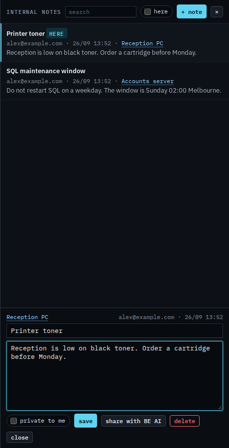 Notes drawer with here unticked, showing notes from two machines