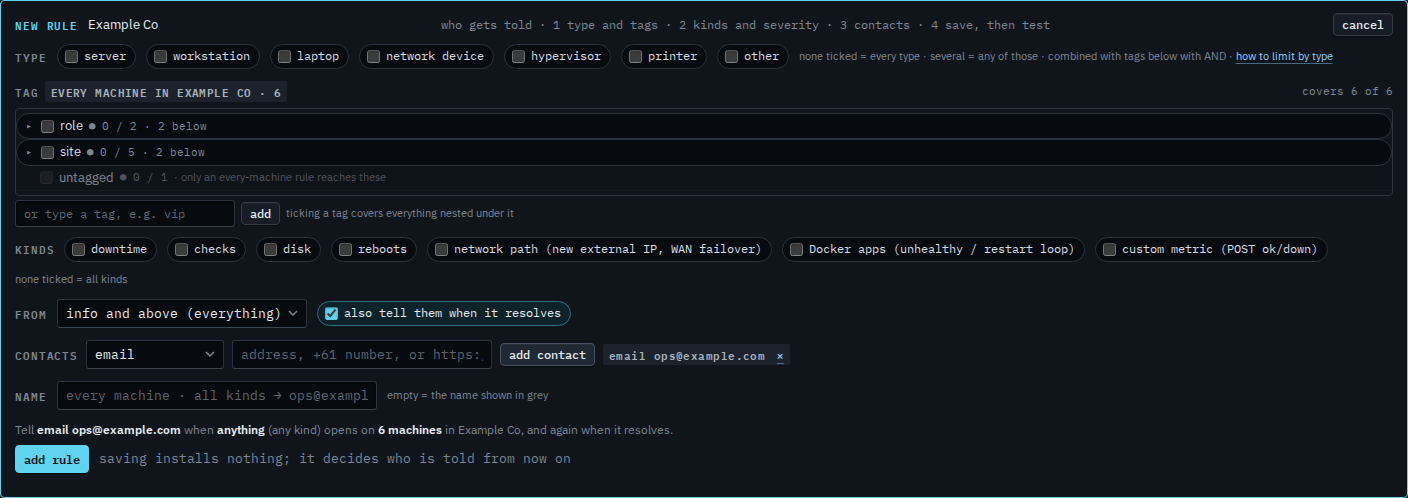 Rule editor with info and above selected, an email contact, and a preview that says anything