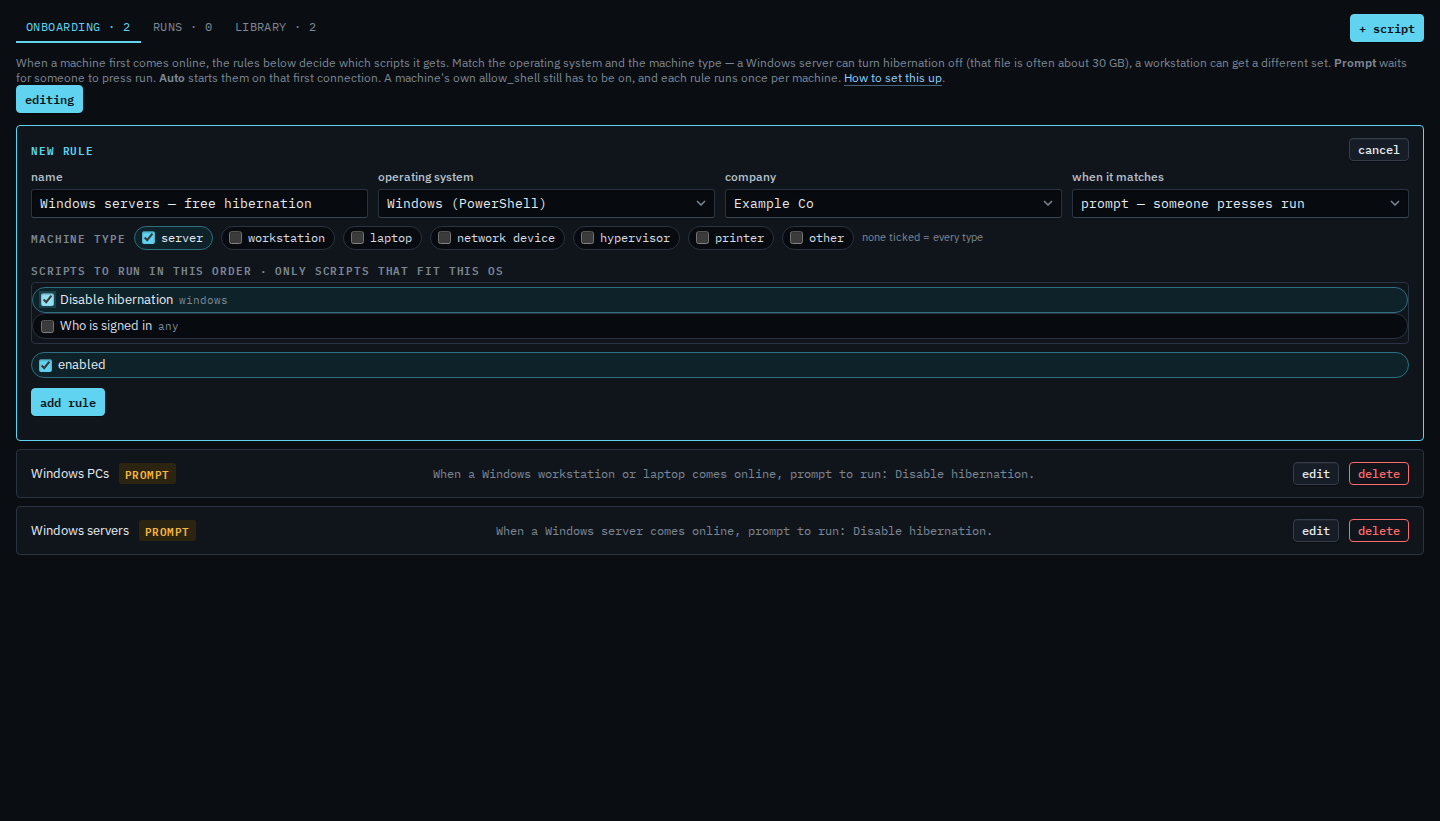 New onboarding rule form set to Windows server, prompt, Disable hibernation