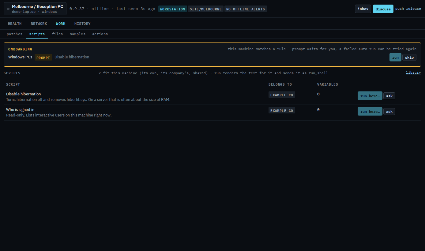 Machine scripts tab with a pending onboarding prompt