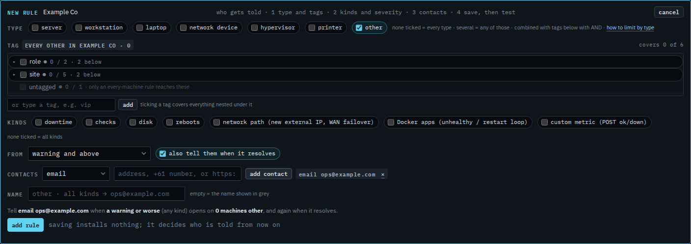 Rule editor with other ticked, an email contact, and a preview that says zero machines