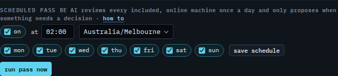 Company scheduled pass set to 02:00 Australia/Melbourne with every day ticked