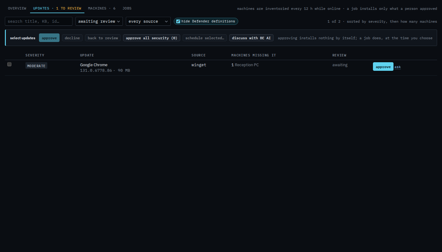 Patches updates tab filtered to awaiting review, showing Google Chrome