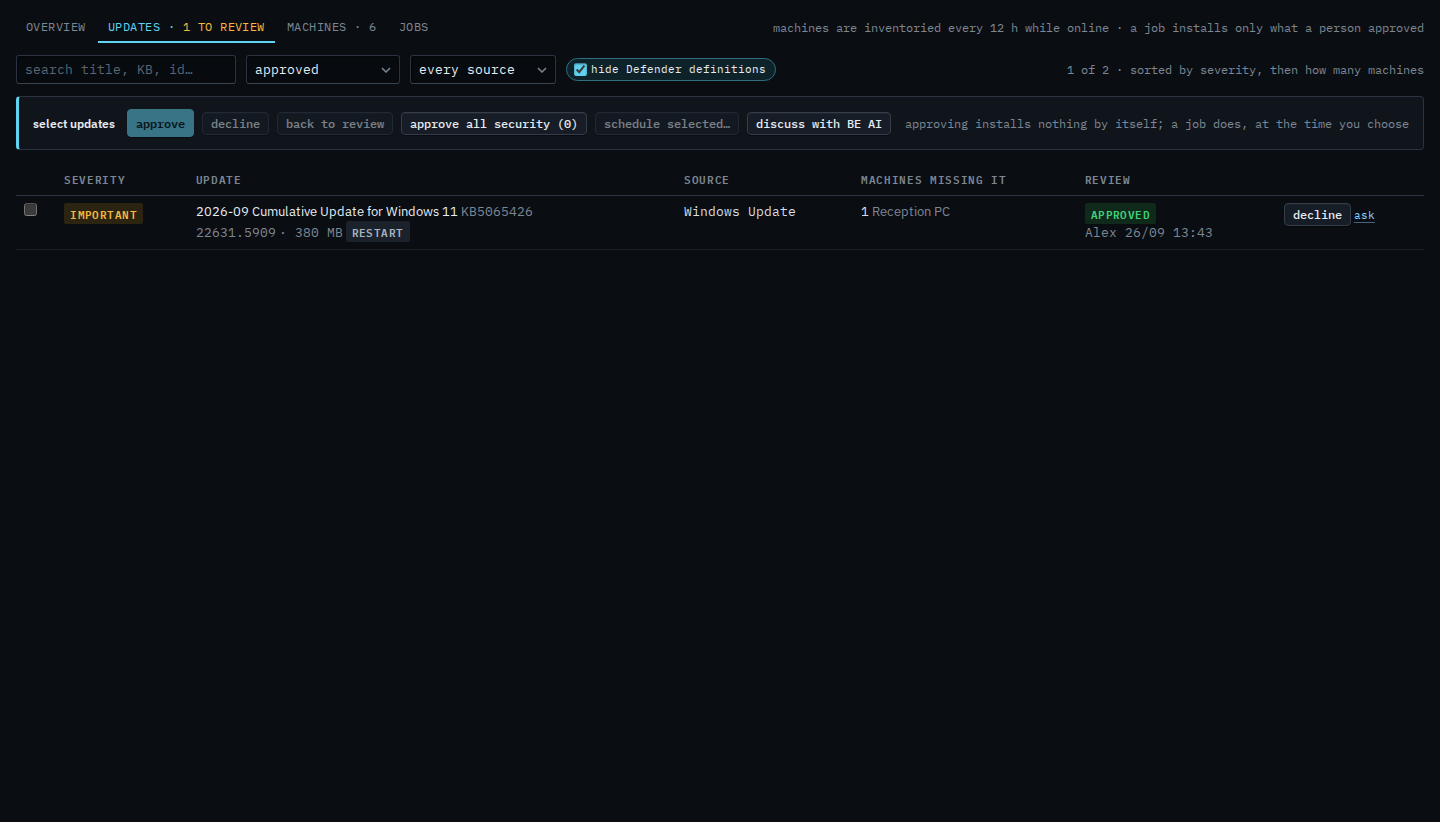 Patches updates tab filtered to approved, showing the September cumulative update