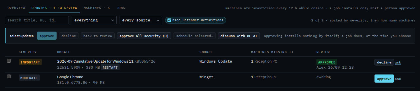 Patches updates list set to everything, showing the cumulative update and Google Chrome
