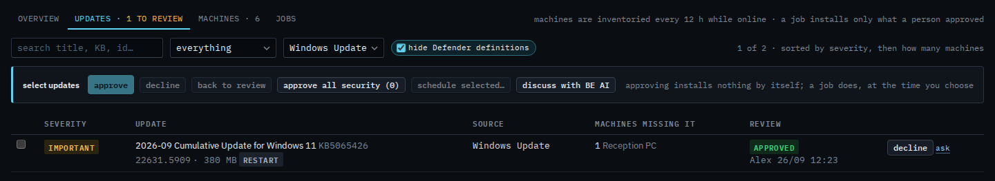 Patches updates list filtered to Windows Update, showing only the September cumulative update