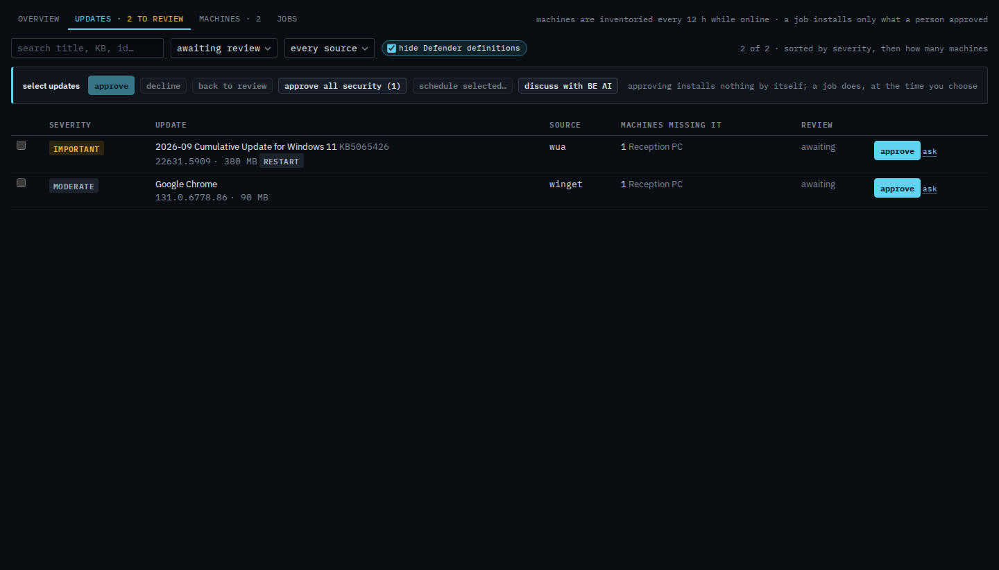 Patches updates tab with Windows cumulative and Chrome missing