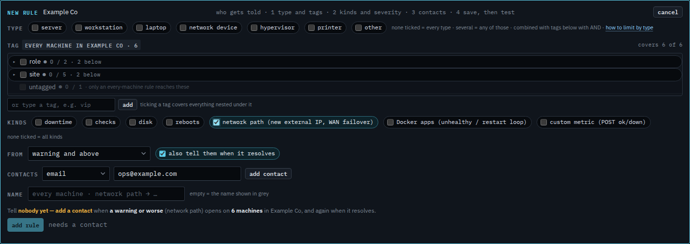 New alert rule with the network path kind ticked and an email address in the contact field