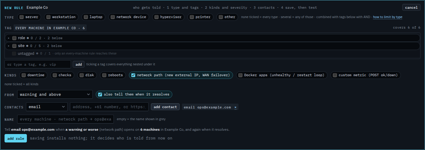 Rule editor with network path ticked, an email contact, and a preview that names network path