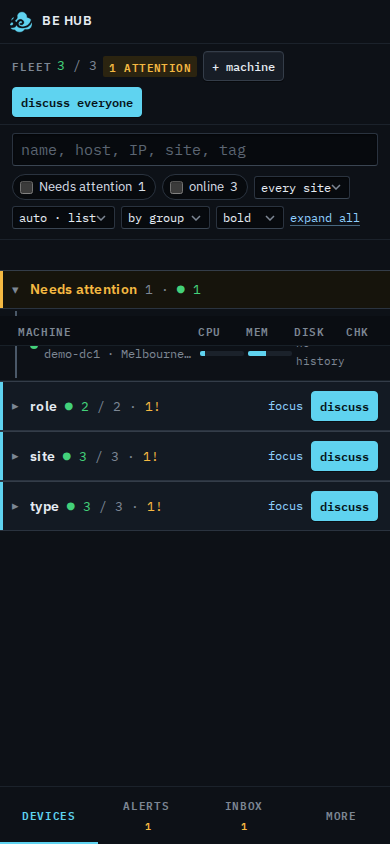 Phone fleet list with a bottom bar of Devices, Alerts, Inbox and More