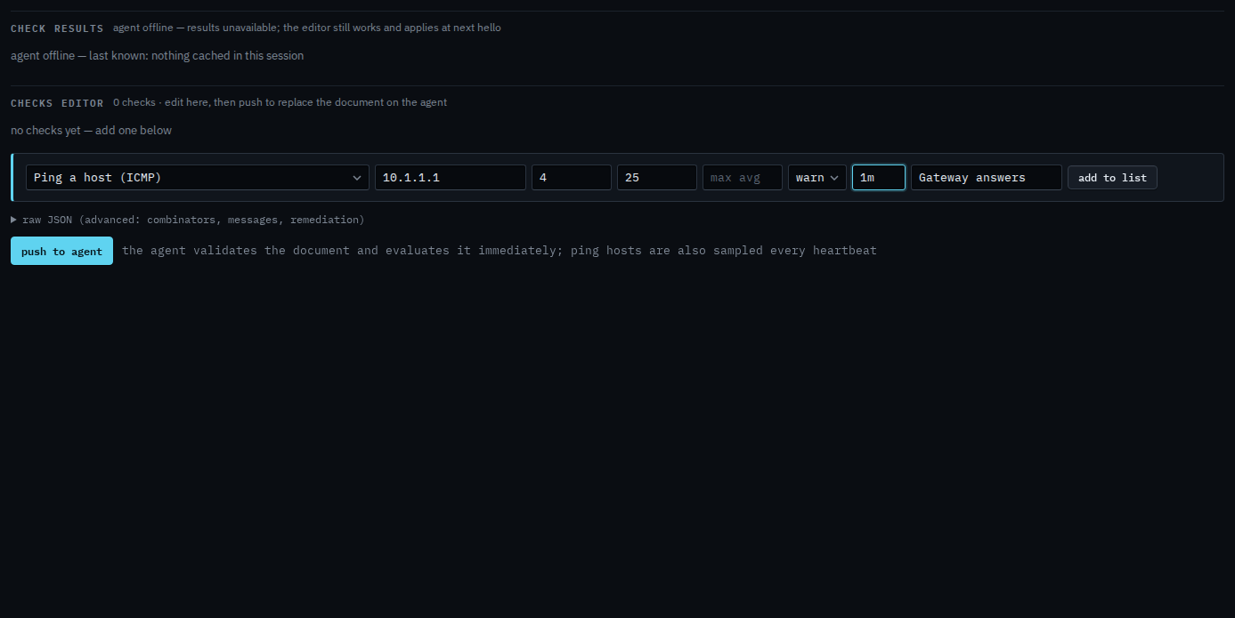 Checks editor with a ping of 10.1.1.1, four packets, 25 percent loss