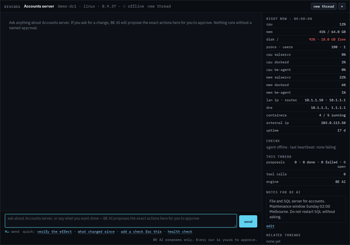 Discuss modal with prepared-question shortcuts and an empty composer