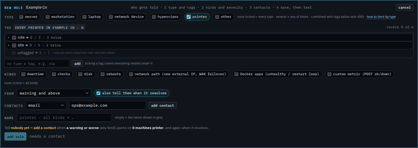 New alert rule with the printer type ticked, covering zero machines, and an email address in the contact field