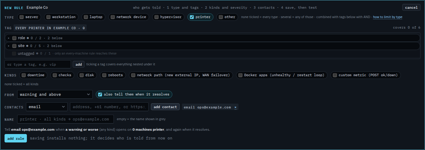 Rule editor with printer ticked, an email contact, and a preview that says zero machines