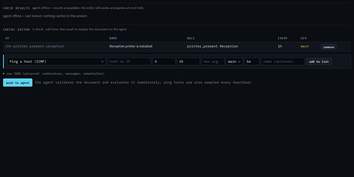 Checks list with a printer check named Reception printer is installed, not yet pushed