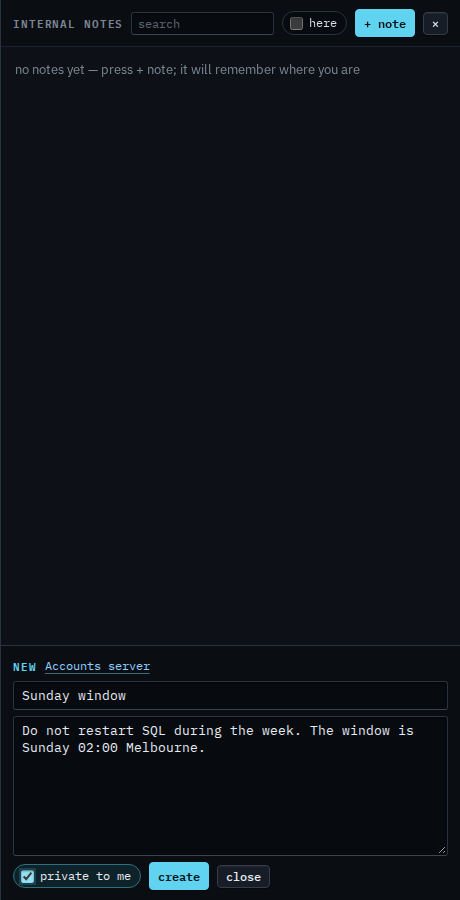 New internal note with private to me ticked