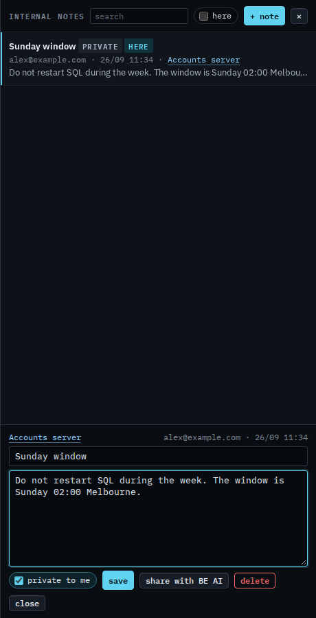 Saved private note with a private chip and a share with BE AI button