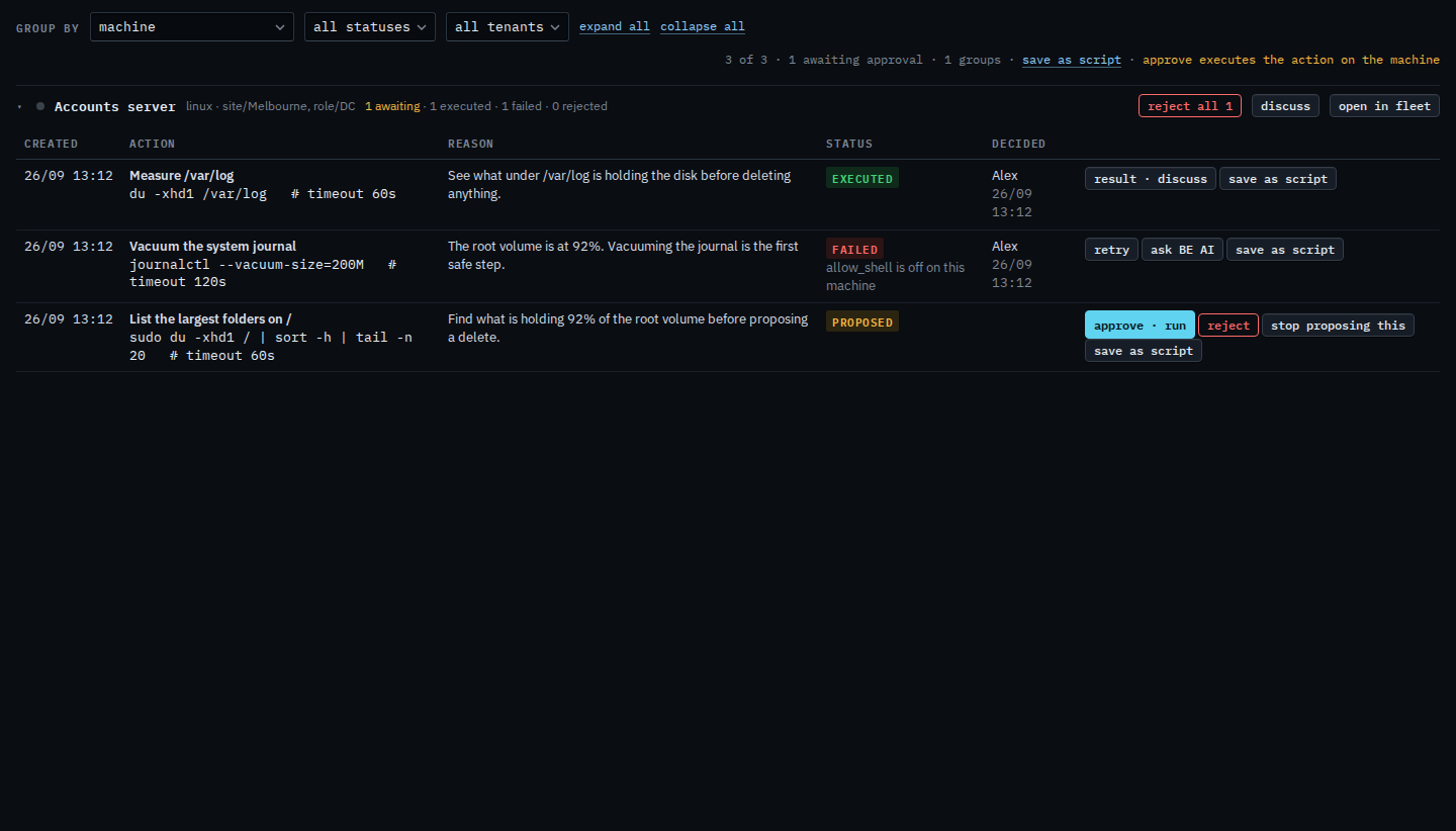 Proposals grouped by machine, with three rows on Accounts server