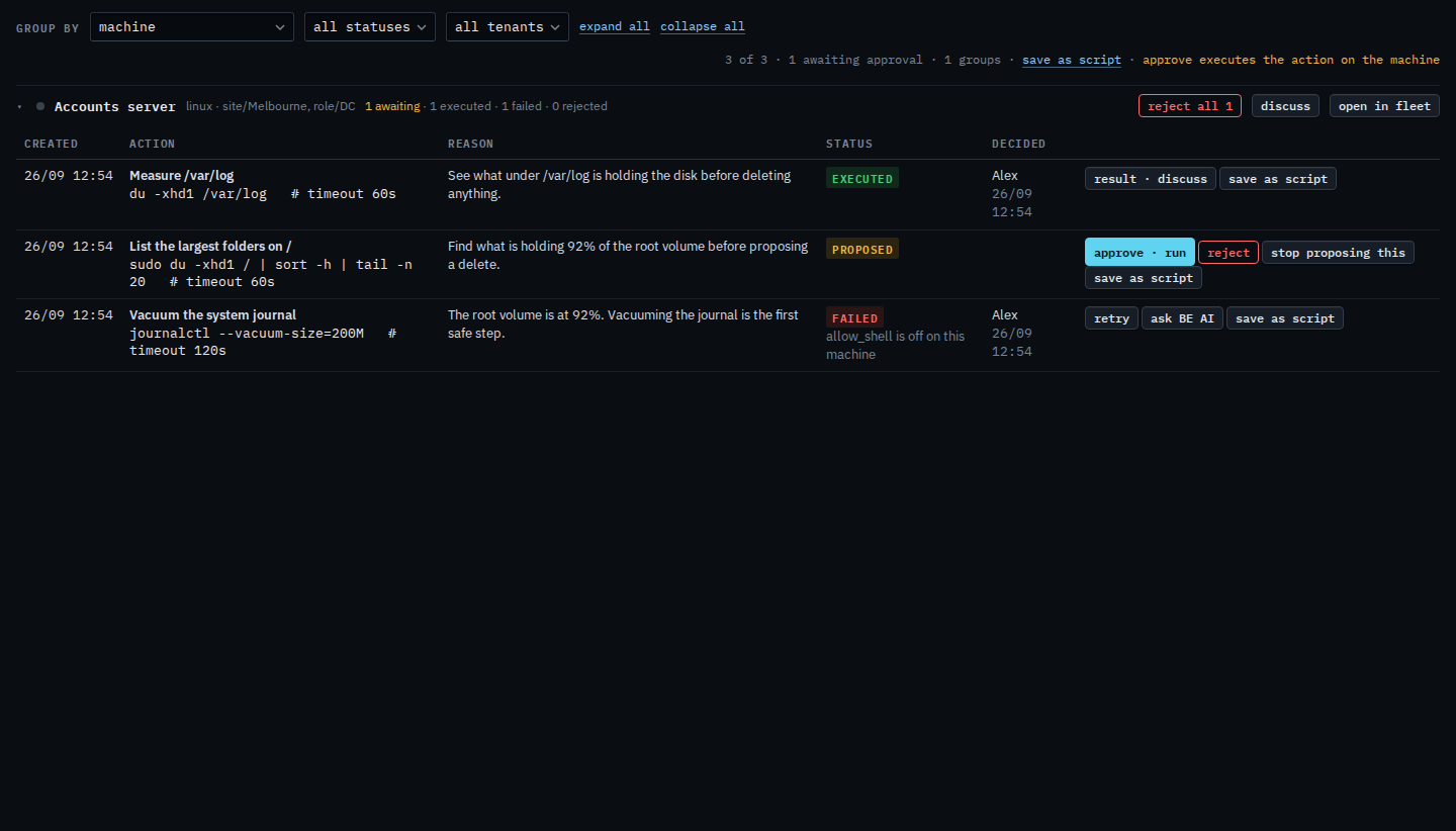 Proposals grouped by machine, with three rows under Accounts server