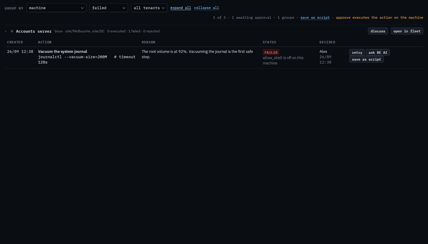 Proposals page filtered to failed, showing only the journal vacuum on Accounts server
